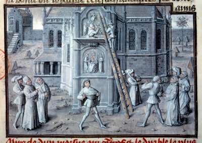 Medioevo: la costruzione delle cattedrali gotiche. Scultori che lavorano su rilievi su una scala. Miniatura da un manoscritto. XV secolo Parigi, B.N. da Unknown artist