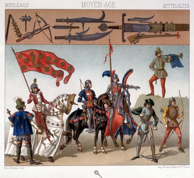 Costumi militari nel Medioevo tra il 1439 e il 1450. In "Le costume historique" di A. Racquet da Unknown artist