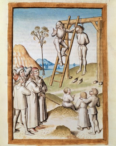 Miniatura scena di impiccagione tratta da una traduzione tedesca delle favole di 