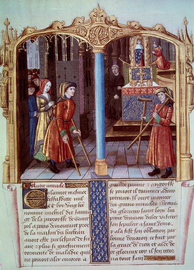 Miracolo di San Luigi (1214-1270): un guerriero zoppo con stampelle. Miniatura in 