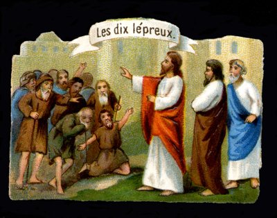 Miracoli di Gesù. Cristo guarisce i lebbrosi. Cromolitografia del XIX secolo da Unknown artist