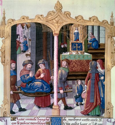 Miracoli di San Luigi: il re Luigi IX (1214-1270) guarisce un paralitico. Miniatura da un manoscritto 