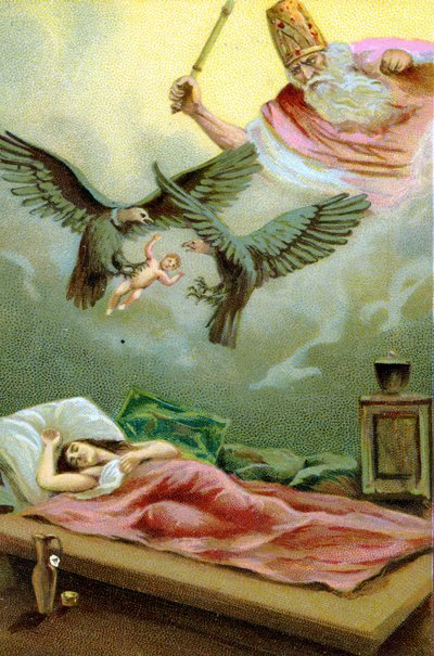 Nascita miracolosa di Zarathustra, profeta e riformatore religioso iraniano (VI secolo a.C.). Cromolitografia del XIX secolo da Unknown artist