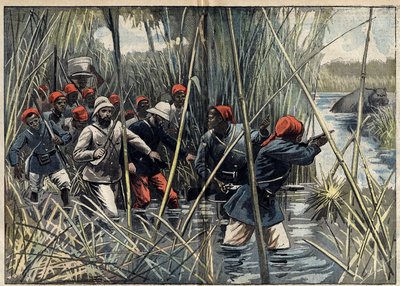 Missione Marchand (1896-1899) a Fachoda (Sudan): il capitano francese Baratier e le sue truppe avanzano attraverso la palude verso Fachoda. (Secondo il diario del Capitano Baratier). Illustrazione in 