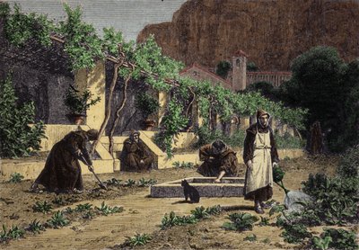 Orto del monastero: i monaci coltivano ortaggi nel loro giardino. Incisione del XIX secolo da Unknown artist