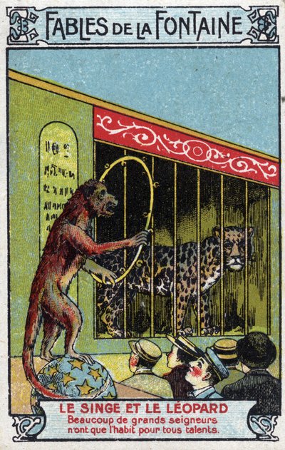 La scimmia e il leopardo - Favole di Jean de La Fontaine (1621-95) - Cromolitografia della fine del XIX secolo Collezione Privata da Unknown artist