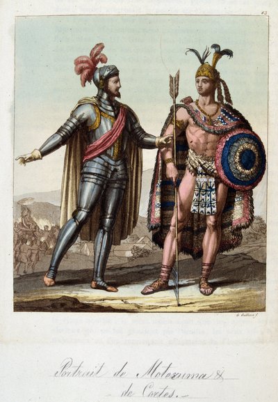 Montezuma II, re azteco, e Hernan (o Hernando) Cortes o Fernand Cortez (1485-1547), conquistador spagnolo - in "Il costume antico e moderno" di Ferrario, ed. Milano da Unknown artist