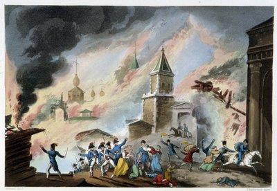 Incendio di Mosca, settembre 1812 - in "Guerre napoleoniche" di Sutherland, Duburg, Londra da Unknown artist