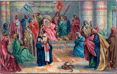 Mosè e Aronne contro il Faraone arrabbiato. Cromolitografia della fine del XIX secolo. da Unknown artist