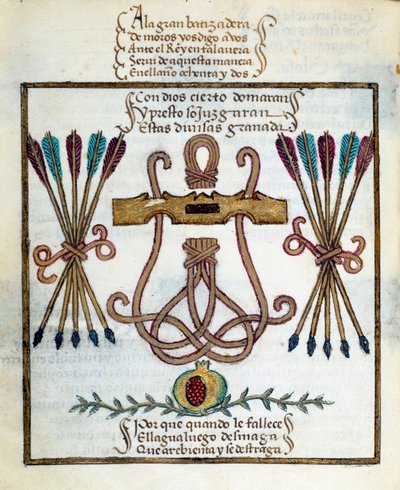 Motto dei re cattolici. Emblema dei re cattolici. Miniatura in "Devocionario de la Reyna Da Juana a Quien Llamaron la Loca" di Pedro Marcuello da Unknown artist