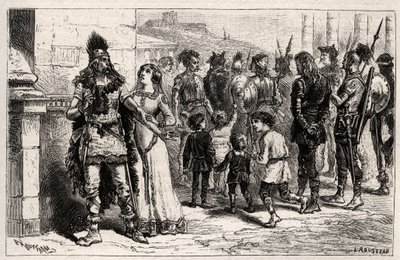 Commosso da questo triste spettacolo, Teodechilde o Tichilde (figlia di Teodorico I) (morta nel 534) chiede la vita e la libertà del prigioniero - incisione in "Le Donne Illustri di Francia" di Oscar Havard - 1886 da Unknown artist