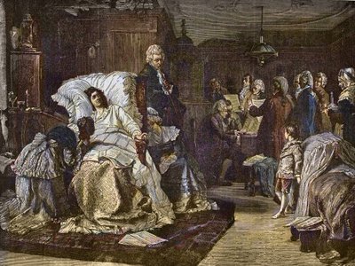 Gli ultimi giorni di Mozart dal dipinto di Hermann Kaulbach (1846-1909) - Gli ultimi momenti di Mozart - incisione in 