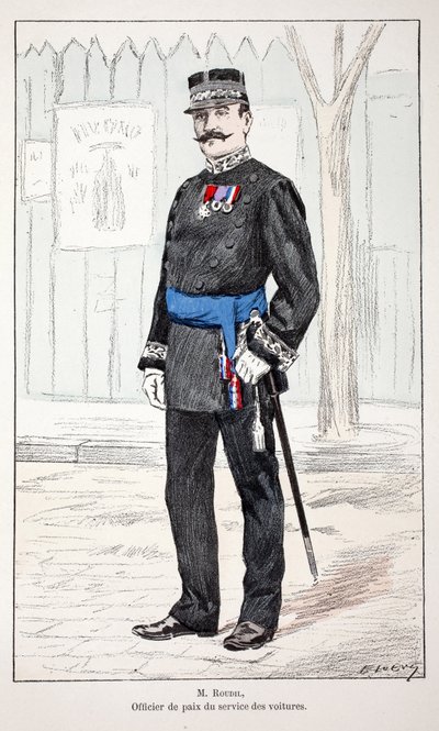 Sig. Roudil, ufficiale di pace del servizio automobilistico (acquaforte a colori) da Unknown artist