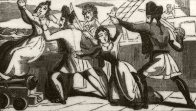 La signora Glass e sua figlia implorano i pirati di risparmiare le loro vite, c.1836 da Unknown artist