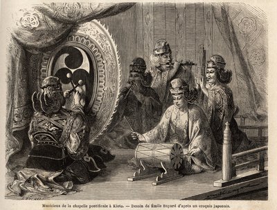 Musicisti della cappella pontificia a Kyoto (o Kioto), che suonano cinque strumenti sacri, flauto traverso e flauto di pan, conchiglia marina, timpani e kakdaiko, il gong originale. Incisione per illustrare il viaggio in Giappone nel 1863-1864, di Aime Hum da Unknown artist