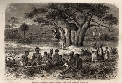 Musicisti che suonano la marimba sulle rive del fiume Zambesi. Incisione per illustrare i primi viaggi del Dr. Livingstone nell