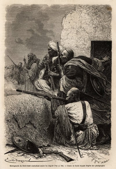 Montanari musulmani reinsediati nelle montagne di Svat, che combattono una spedizione inglese nel 1863 per fermare i saccheggi dei villaggi della regione. Incisione per illustrare la storia del Pandjab e del Kashmir, di Guillaume Lejean nel 1866, pubblicat da Unknown artist