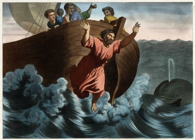 Nominato responsabile della tempesta che minacciava la nave, Giona suggerì di essere gettato in mare. Dio inviò un pesce che inghiottì il profeta. Incisione anonima della metà del XIX secolo. da Unknown artist