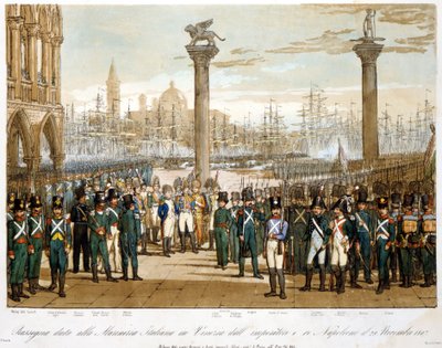Napoleone I a Venezia il 29 novembre 1807 davanti alla marina italiana. Incisione del 1845 da Unknown artist