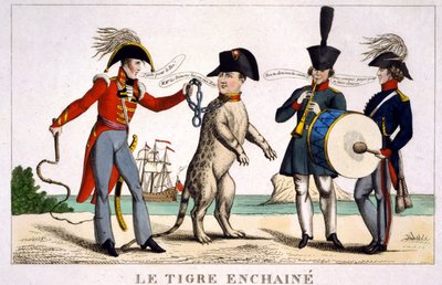 Napoleone I in una tigre incatenata tenuta da un ufficiale britannico con una frusta. Russia e Austria che suonano musica accanto. Caricatura del 1815 da Unknown artist