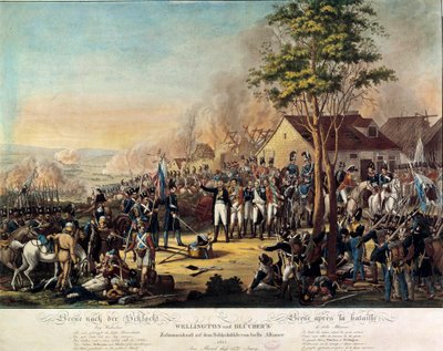 Guerre napoleoniche: battaglia della Belle Alliance o Waterloo vinta il 18/06/1815 dalle forze armate sotto il comando di Arthur Wellesley, Duca di Wellington (1769-1852) e del Principe Blucher da Unknown artist