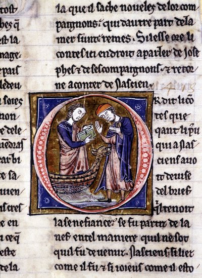 Nascion riceve il libro (?). Manoscritto: Conquista del Santo Graal, scritto 717 anni dopo la passione del nostro Signore. Bibliothèque municipale de Rennes, ms. 255 (Collezione di romanzi della Tavola Rotonda); Parigi da Unknown artist