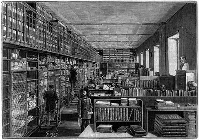 Biblioteca Nazionale di Parigi: Ufficio del Catalogo. Al piano superiore ci sono le scatole delle opere teatrali. Incisione in "La Nature: revue des sciences et de leurs applications aux arts et a l