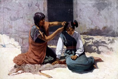 Madre nativa americana della tribù degli Hopi, che acconcia i capelli della figlia in vista del matrimonio da Unknown artist