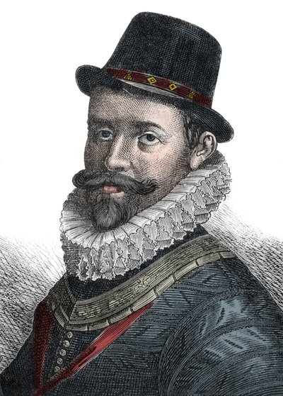 Amministrazione navale e comandante Sir John Hawkins - Ritratto di Sir John Hawkins, ammiraglio inglese, costruttore navale, navigatore e mercante di schiavi. Incisione del XIX secolo da Unknown artist