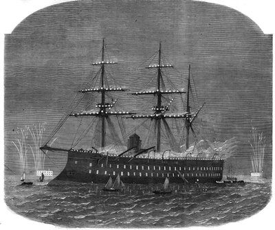 Illuminazione navale nel porto di Spithead durante il viaggio del sultano egiziano Ismail Pasha (1830-1895) in Inghilterra. Incisione in "The Illustrous Universe" da Unknown artist