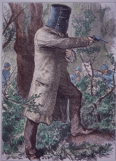 Ned Kelly, con la sua caratteristica armatura, nella resa dei conti finale con la polizia, 28 giugno 1880 da Unknown artist
