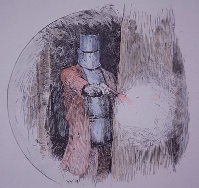 Ned Kelly con la sua armatura fatta in casa, in confronto con la polizia (incisione colorata a mano) da Unknown artist