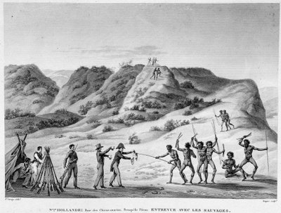 Nuova Olanda, Baia dei Cani Marini, penisola di Peron: incontro con gli indiani (incontro tra aborigeni e coloni) - incisione, inizio XIX secolo da Unknown artist