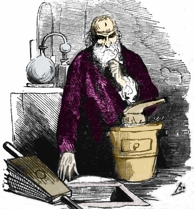Nicolas Flamel (1330 - 1418) nel suo laboratorio. da Unknown artist