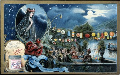 Festa notturna illuminata con lanterne, vicino a un lago - cromolitografia Liebig da Unknown artist
