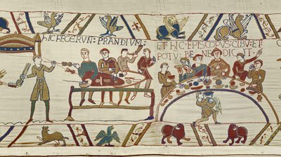 Servitori normanni preparano un banchetto per Guglielmo e il vescovo Odo benedice il pasto, Arazzo di Bayeux da Unknown artist