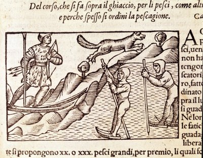 Cacciatori norvegesi che si muovono sugli sci. Incisione di Olaus Magnus (1490 - 1557), religioso e geografo svedese, "Historia de Gentis Septentrionalibus", Venezia da Unknown artist