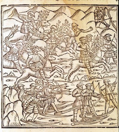 Cacciatori norvegesi che viaggiano sugli sci e renne. Incisione di Olaus Magnus (1490 - 1557), religioso e geografo svedese, "Historia de Gentis Septentrionalibus", Venezia da Unknown artist