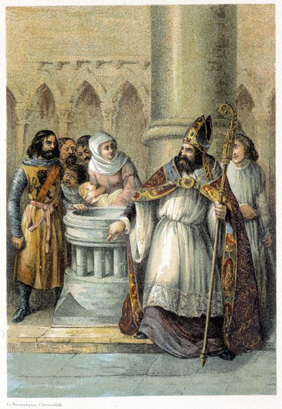 Notger (930 - 1008), vescovo di Liegi, durante il battesimo di Ottone III (980-1002), re di Germania. Cromolitografia del XIX secolo da Unknown artist