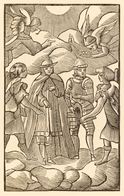 Ora, ora guarda come i santi pellegrini cavalcano, le nuvole sono i loro carri, gli angeli sono le loro guide da Il progresso del pellegrino di John Bunyan da Unknown