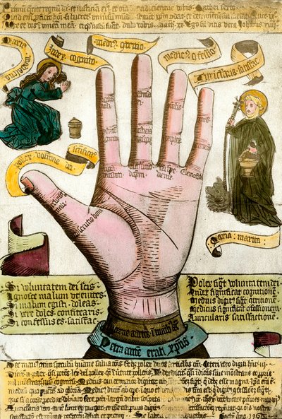 Scienze occulte: la mano con le sue linee per leggere il futuro. Tavola tratta da una chiromanzia da Unknown artist