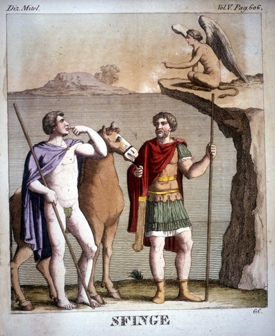 Edipo e la Sfinge - in "Dizionario mitologico", incisione del XIX secolo, Bibl. di Brera, Milano da Unknown artist