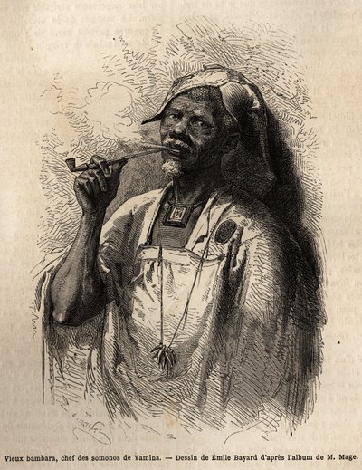 Vecchio Bambara, capo tribù a Yamina (Niger) che fuma la pipa e indossa il copricapo tradizionale del suo tribù. Incisione per illustrare il viaggio nel Sudan occidentale del tenente (Marina) M. Mage, 1863-1866, pubblicato in "Le tour du monde, nouveau jou da Unknown artist