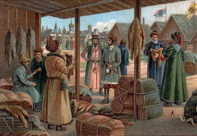 Antichi centri commerciali: Fiera delle pellicce a Novgorod, Russia nel XIX secolo. Cromolitografia della fine del XIX secolo. da Unknown artist