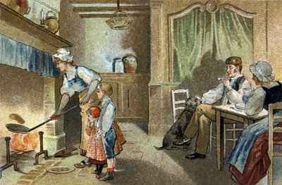 Antica usanza celebrata nella regione del Berry: frittelle di candela. Cromolitografia della fine del XIX secolo da Unknown artist