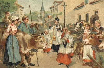 Antica usanza celebrata nella regione del Nivernais: la benedizione delle mandrie. Cromolitografia della fine del XIX secolo da Unknown artist