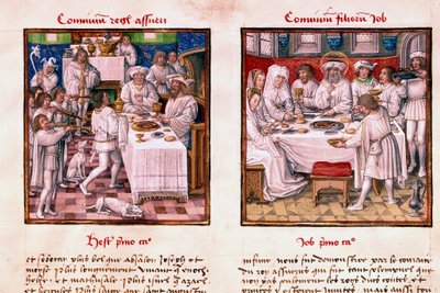 A sinistra la festa di Assuero I (Serse I). A destra, la festa dei figli di Giobbe da Unknown artist