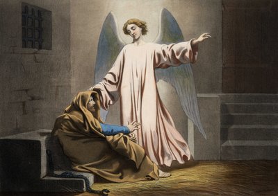 San Pietro, arrestato due volte, viene liberato da un angelo. Incisione anonima della metà del XIX secolo. da Unknown artist