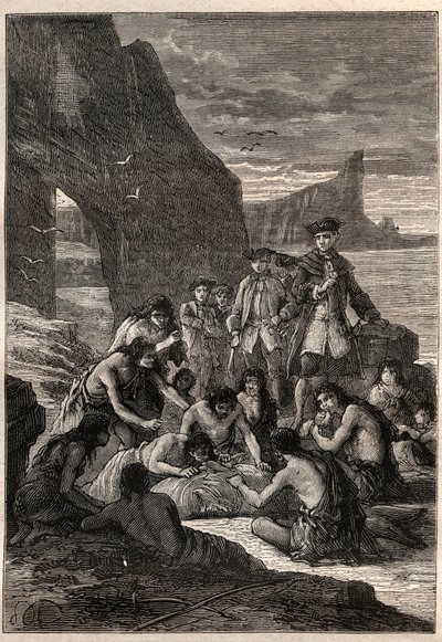 Uno di loro tagliava con i denti: il viceammiraglio John Byron (1723-1786) su una delle isole dello Stretto di Magellano - i Fuegini (abitanti della Terra del Fuoco) tagliano con i denti una balena che era stata strappata e pietrificata sulla spiaggia - il da Unknown artist