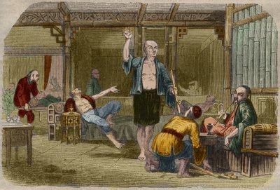 Fumatori di oppio in Cina a metà del XIX secolo. Incisione del 1857 in 
